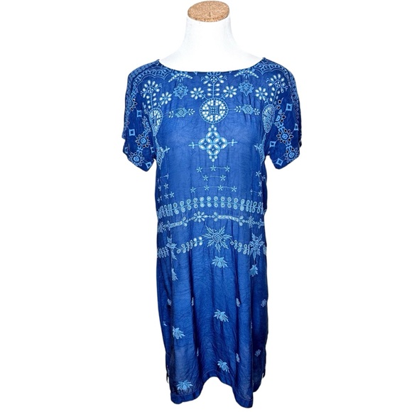 Johnny Was Embroidered Eyelet Mini Shift Dress Small Navy Blue - Picture 2 of 16